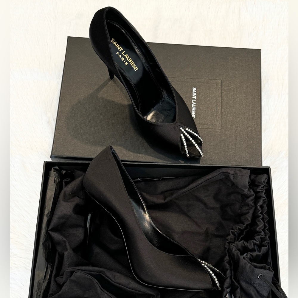 Saint Laurent Black Satin Pointed Toe Pumps with Crystal Trim - Picture 2 of 6